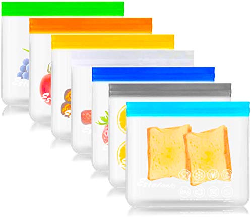 Estefanlo Reusable Storage Bags, 7 Pack Reusable Sandwich Lunch Snack Food Bags Extra Thick Reusable Ziplock Leakproof Freezer Bags BPA Free for Home Travel Kitchen Organization (Multi Color)