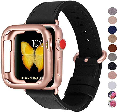 PEAK ZHANG Compatible with Apple Watch Band with Case, 38mm 40mm 42mm 44mm Women Men Top Grain Leather Strap for iWatch Series 4,3,2,1 (Black+Series 4/3 Rose Gold Clasp, 38mm 40mm S/M)