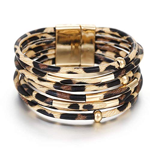 HUA JU Leopard Wrap Bracelet Leather Cuff Bracelet Layered Bracelets Stacking Bracelets for Women Girls