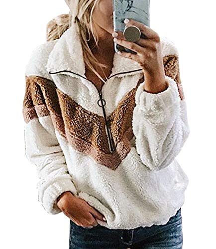 PRETTYGARDEN Women's Warm Long Sleeve Half Zipper Color Block Striped Fuzzy Fleece Pullover Sherpa Sweatshirt Coat
