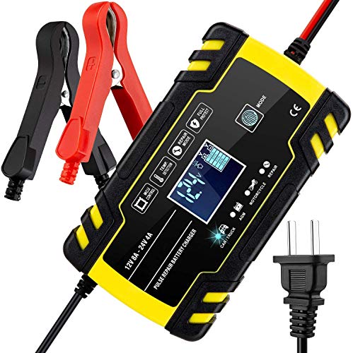 Car Battery Charger 12V/8A 24V/4A Intelligent Automatic Battery Charger/Maintainer with LCD Screen Pulse Repair Charger Pack for Car Truck Motorcycle Lawn Mower Boat etc