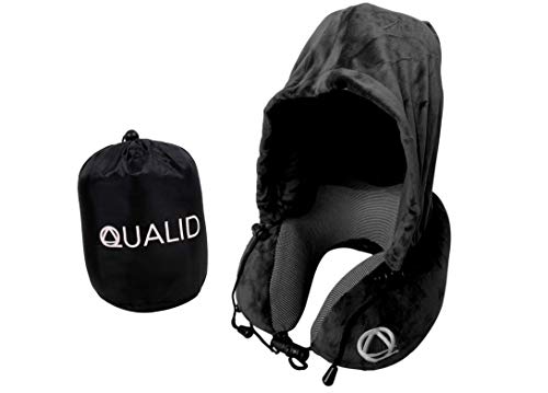 Qualid Travel Pillow with Hoodie- Ultra Soft Comfort, Strong Neck Support, Guaranteed Sleep with Light Blocking Hoodie, Travel and Home Use, Premium Memory Foam, Adjustable, One Size Fits All