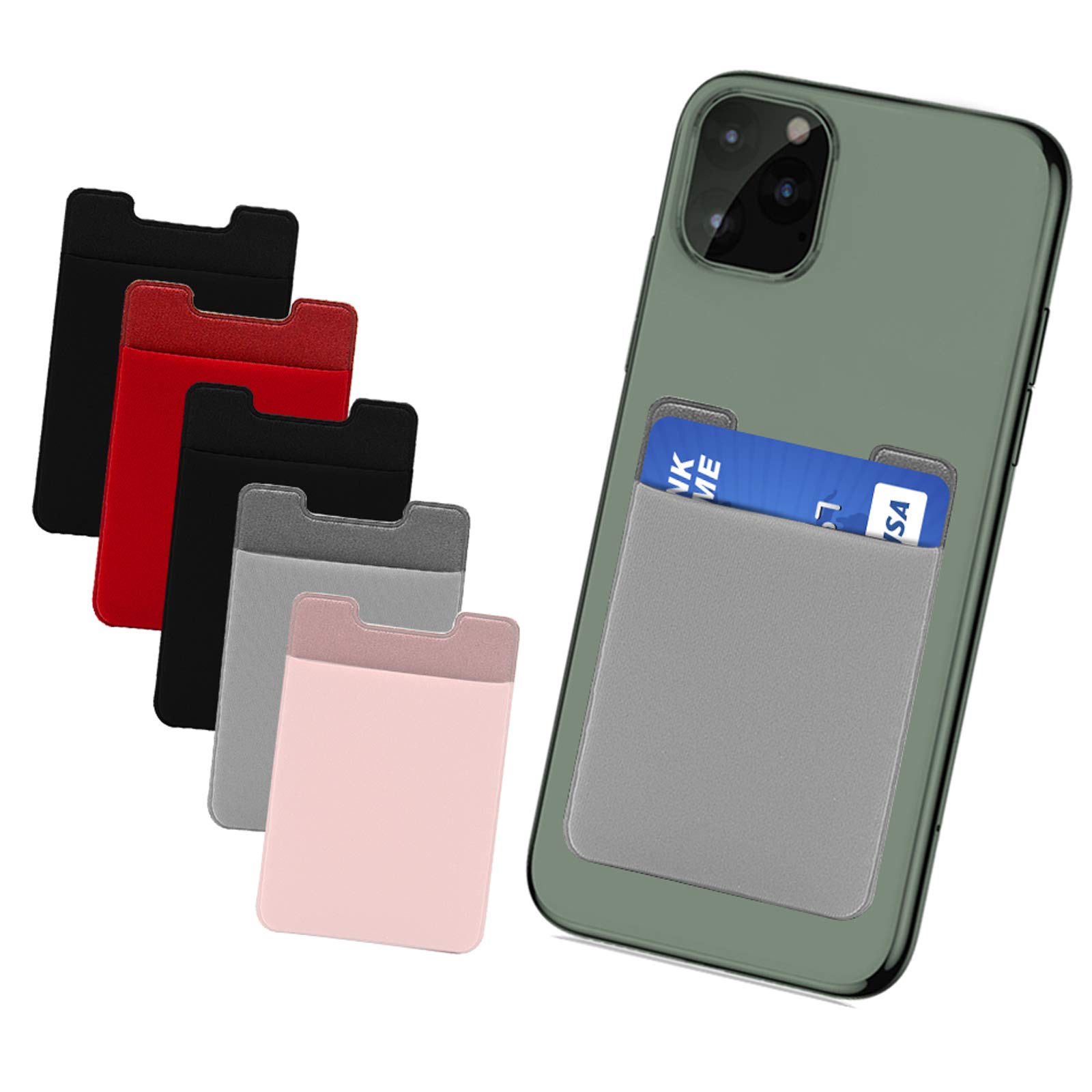 Doormoon Phone Card Holder, 5 Pack Lycra Phone Stick On Wallet Card Holder Pocket Compatible with 4.0-6.5 inch Smartphones,for ID and Credit Card (Black+Black+Grey+Pink+Red)