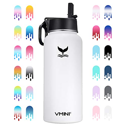 Vmini Water Bottle - Wide Mouth, 18/8 Stainless Steel, Double Wall Vacuum Insulated, New Straw Lid with Wide Handle (White, 32 oz)