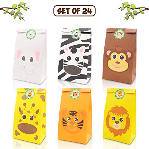 Jungle Safari Animals Favor Goodie Bags Zoo Animals Birthday Treat Goody Gift Bags for Kids Baby Shower Birthday Party Favor Decorations Supplies Set of 24