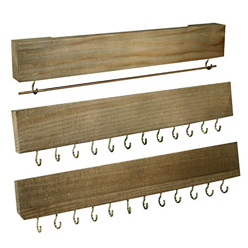 Y&ME YM Jewelry Organizer Wall Mounted Set of 3, Wood Hanging Jewelry Organizer Holder with Removable Bracelet Rod and 24 Hooks, Display for Hanging Rings, Earrings, Necklace Holder (Brown)