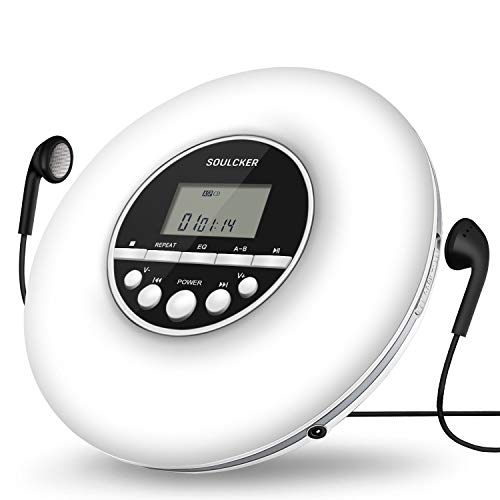 Portable CD Player, Soulcker Personal Compact Disc CD Player with Headphones Jack, Anti-Skip/Shockproof Protection Small Music CD Walkman Players with LCD Display for Adults Students Kids(White)