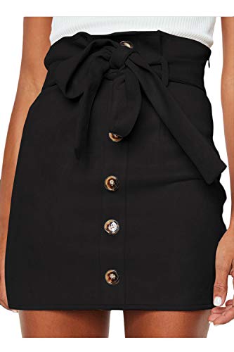 Book Cover Meyeeka Women's Paperbag High Waist Button Trim Front Belted Faux Suede Mini Skirt