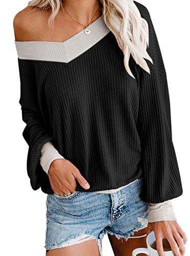 ADREAMLY Women's Long Sleeve V Neck Waffle Knit Top Off Shoulder Pullover Sweater