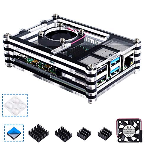 Smraza Case for Raspberry Pi 4 B, Case with Cooling Fan, 4PCS Heatsinks for Raspberry Pi 4 Model B (RPI 4 Board Not Included) - Black and Clear