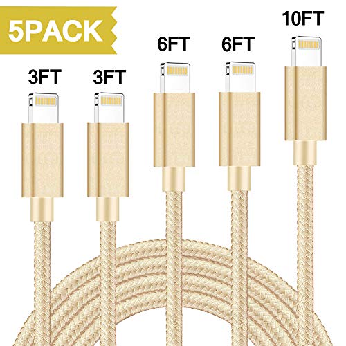 Lightning Cable MFI Certified iPhone Charger Cable 5 Pack 3FT/6FT/10FT Durable iPhone Cable Fast Lightning Cable Nylon Braided USB Cord Compatible iPhone XS/Max/XR/X/8/8P/7P/6S/iPad/iPod/IOS (Gold)