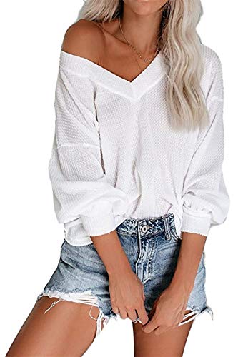 Women's Waffle Knit Long Sleeve V Neck Off-Shoulder Tops Blouses Loose Fit Pullover Sweater
