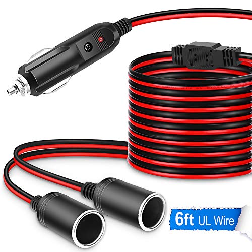 Electop 1 to 2 Car Cigarette Lighter Splitter Adapter Power Charger Port, 6Ft Cigarette Lighter Extension Cord Cable 16AWG UL Wire, 12V 24V Plug Socket 2-Way Splitter Y Adapter with 15A Fuse