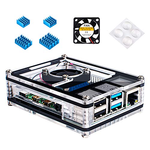Miuzei Case for Raspberry Pi 4 with Fan, 3 x Heat-Sinks for Raspberry Pi 4 Model B- Black/Clear (Pi 4 Board Not Included)