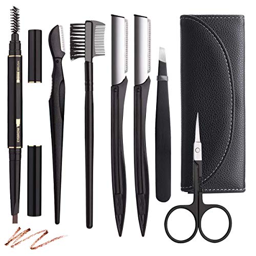 FAMILIFE Eyebrow Kit 7 in 1, Multipurpose Eyebrow Tweezers Kit, Eyebrow Shaping, Grooming and Trimming Kit, Includes Razor, Pencil, Scissors and Brush with Black Leather Bag