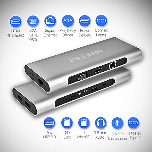 Pillarr USB-C Mini Laptop Docking Station 12 in 1 with Charging Support/Power Delivery in The Aluminum Case