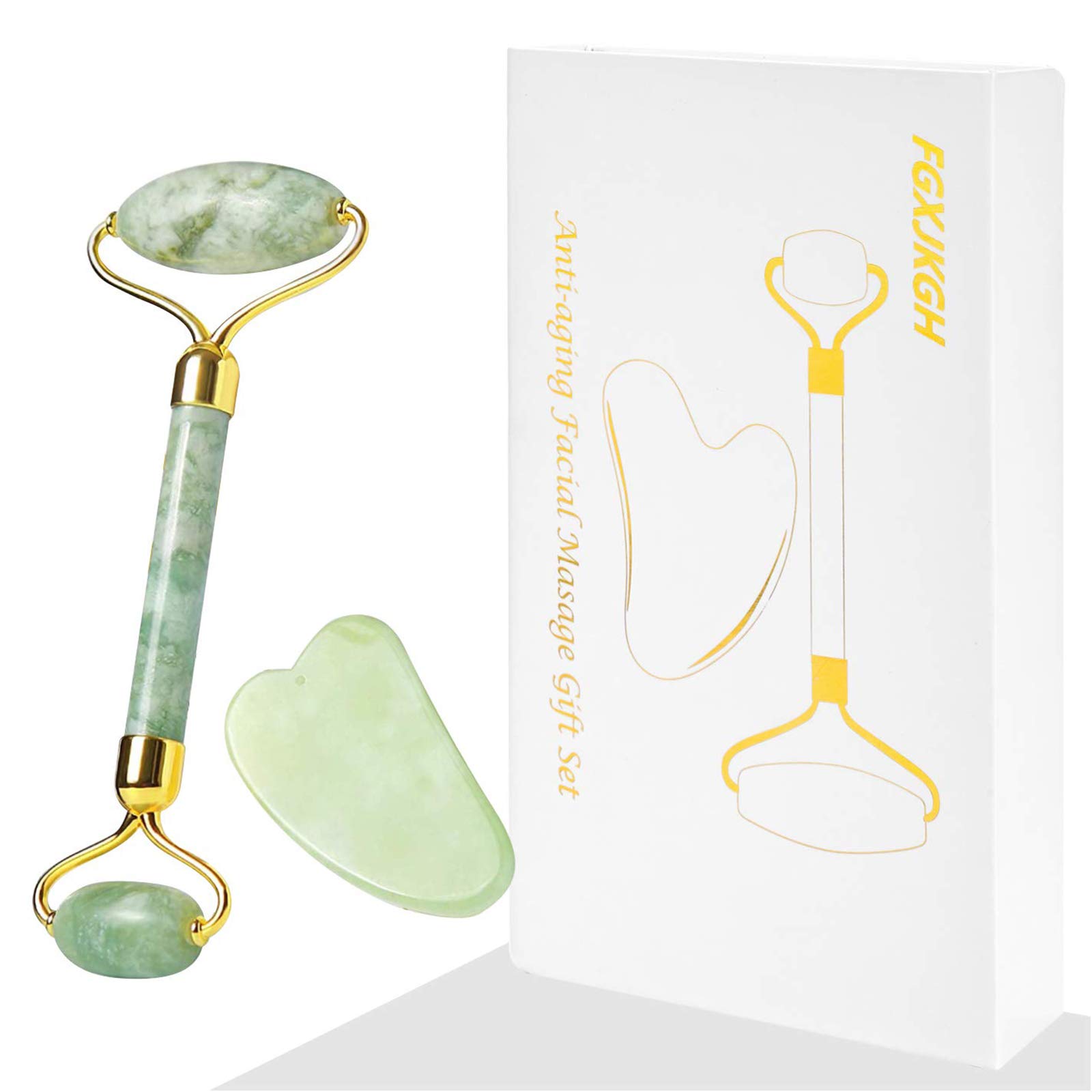 Book Cover Jade Roller Gua Sha Set FGXJKGH Facial Roller Massager Body Eyes Neck Massager Tool for Eye Puffiness,Aging Release Pressure Natural Jade Stone (GREEN)