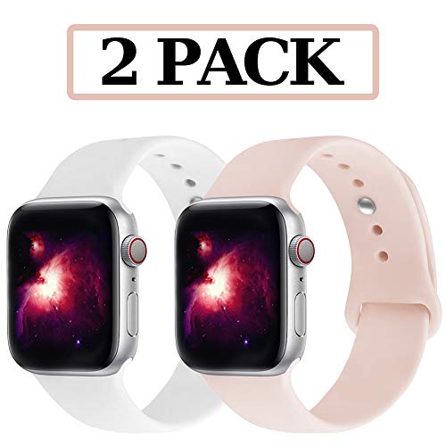 Book Cover GZ GZHISY 2 Pack Compatible for Apple Watch Band 38mm 40mm, Soft Silicone Sport Strap Replacement iWatch Wristbands Compatible for iWatch Series 1, 2, 3, 4, 5, S/M, Pink Sand, White