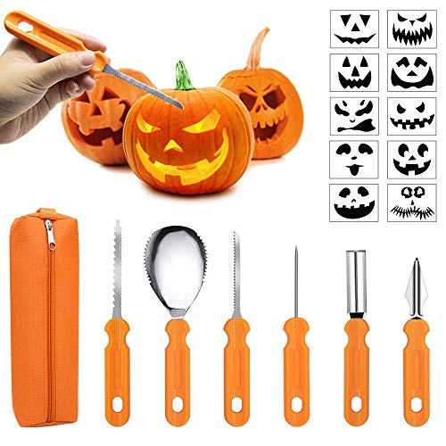 Halloween Pumpkin Carving Kit,6 Pieces Heavy Duty Stainless Steel Carving Tools Set with Storage Carrying Bag for Halloween Decorations,Jack-O-Lanterns Pumpkin Cutting Tools Carving Knife for Pumpkin