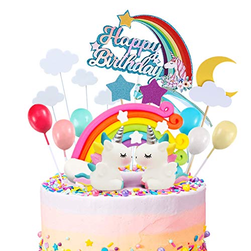 MOVINPE 21pcs Unicorn Cake Topper Kit Cloud Rainbow Balloon Happy Birthday Banner Cake Decoration For Boy Girl Kid Birthday