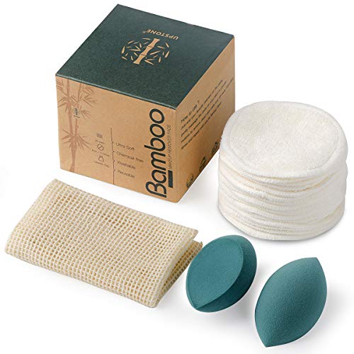 16 Bamboo Organic Reusable Makeup Remover Pads | Washable and Eco-Friendly | 2 Makeup Flawless Blending Sponge | Soft, Latex Free | 1 Cotton Laundry Bag | For All Skin Types
