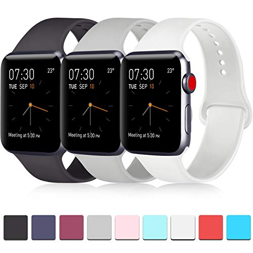 Pack 3 Compatible with Apple Watch Band Series 4, Soft Silicone Band Compatible iWatch Series 4, Series 3, Series 2, Series 1 (Black/Gray/White, 38mm/40mm-M/L)