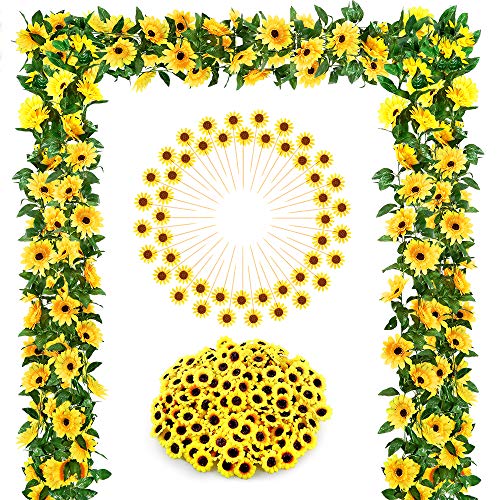 Auihiay 2 Pack Artificial Sunflower Garland with 48 Sunflower Toppers and 100 Sunflower Heads, Silk Sunflower Hanging Vine Sunflower Decor for Crafts Home Garden Wedding Baby Shower Decoration