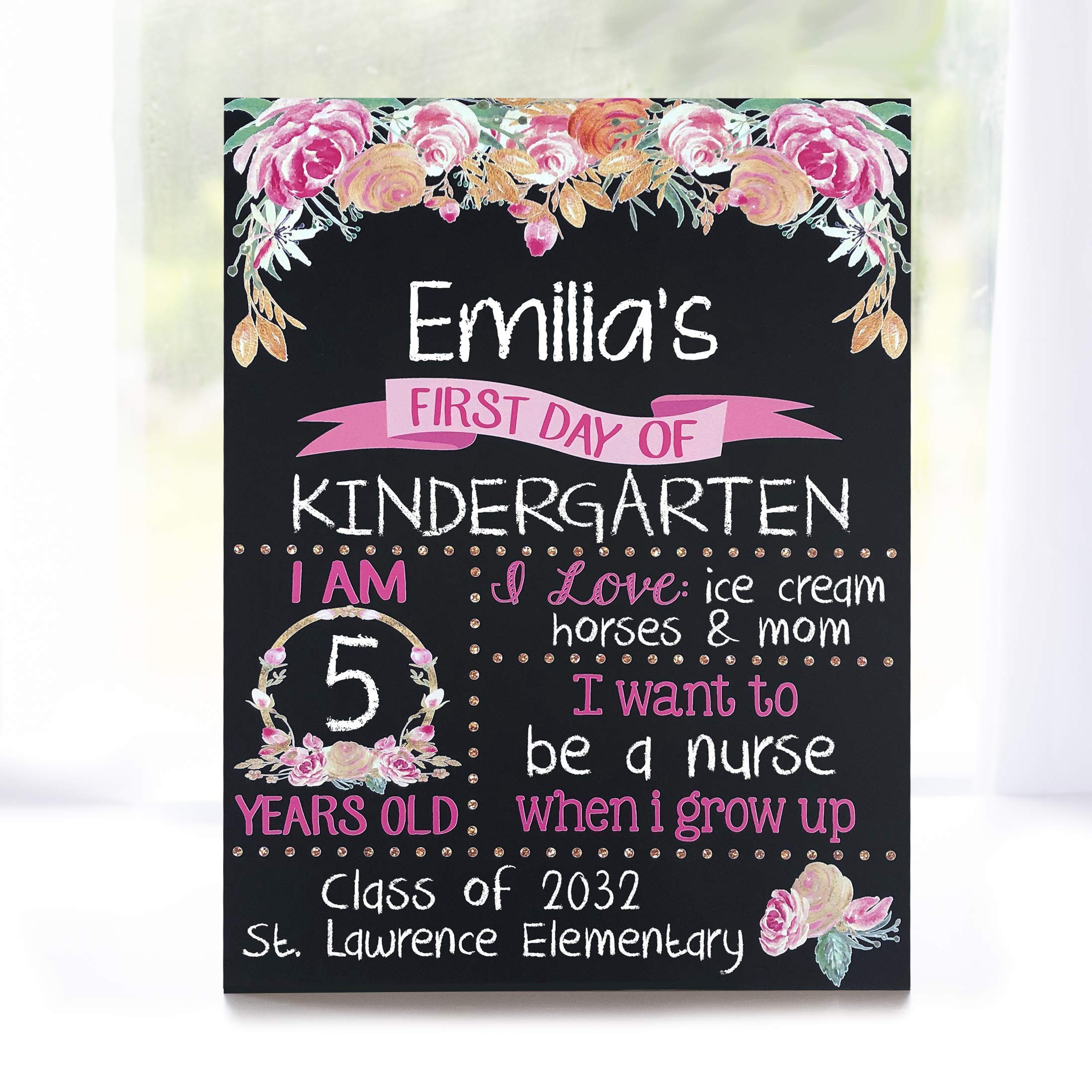 First Day of School Chalkboard, Reusable Sign Board with Pink Flowers, Back to School Photo Prop for 1st Day