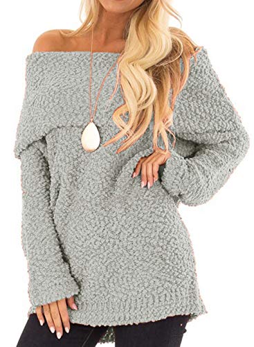 BTFBM Women Elegant Off Shoulders Fuzzy Warm Sherpa Fleece Popcorn Knit Long Sleeve Loose Sweaters Pullover Tops