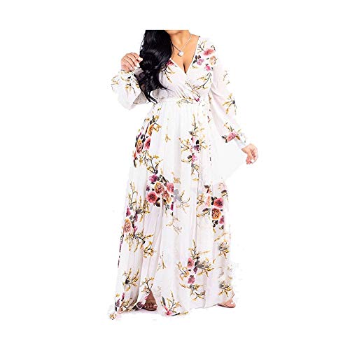lvenzse Womens Maxi Dress Boho Chiffon Floral Printed Long Party Dresses Plus Size with Belt (S-5XL)