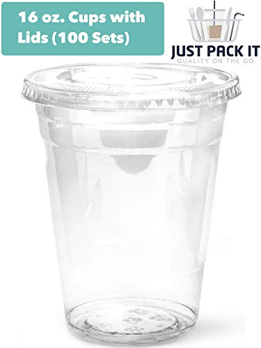 [100 Sets - 16 oz. With Lids] PREMIUM Plastic Cups With Flat Lids - Ice Coffee Juice Smoothie Clear Disposable Recyclable Cups | For Iced, Cold, Frozen, Cool or Room Temperature Beverages