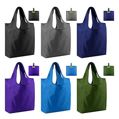 Grocery Bags Reusable Shopping Totes Foldable 6 Pack Ripstop 50LBS XLarge folding Bags with Pouch Gift Bags Bulk Machine Washable Waterproof Eco-Friendly Black Royal Purple Teal Gray Moss ...