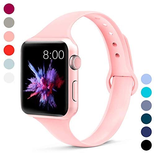 Book Cover GeekSpark Compatible with Apple Watch Band 38mm 40mm 42mm 44mm, Soft Silicone Slim Thin Narrow Small Replacement Wristband for iWatch Series 1,2,3,4,Women Men