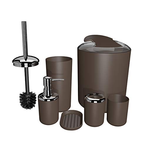Book Cover QYUKUYU Bathroom Accessories Set,6 Pcs Plastic Bath Vanity Countertop Gift Set Toothbrush Holder,Toothbrush Cup,Soap Dispenser,Soap Dish,Toilet Brush Holder,Trash Can (Brown)