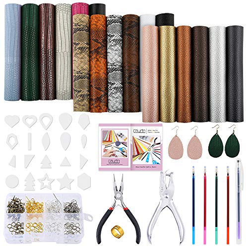 Caydo 3 Style 18 Pieces Faux Leather Sheets with Instructions, Earring Cut Molds and Earrings Making Tools Kit for Making Leather Earrings Bows and Crafts(6.3 X 8.3 inch)