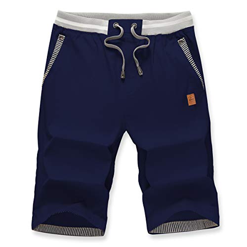 VICALLED Men's Shorts Casual Classic Fit Summer Beach Zipper Pockets Elastic Waist Shorts - Dark Blue - 31/35W (L)