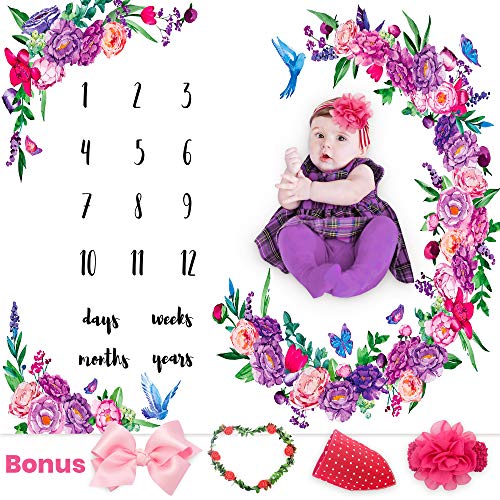 Baby Monthly Milestone Blanket Girl - Large 60"x40", Thick Flannel Fleece, Ultra Soft, Wrinkle Free - New Mom Baby Shower Gift, Newborns Personalized Photography - Bonus Headband, Floral Wreath, Bib