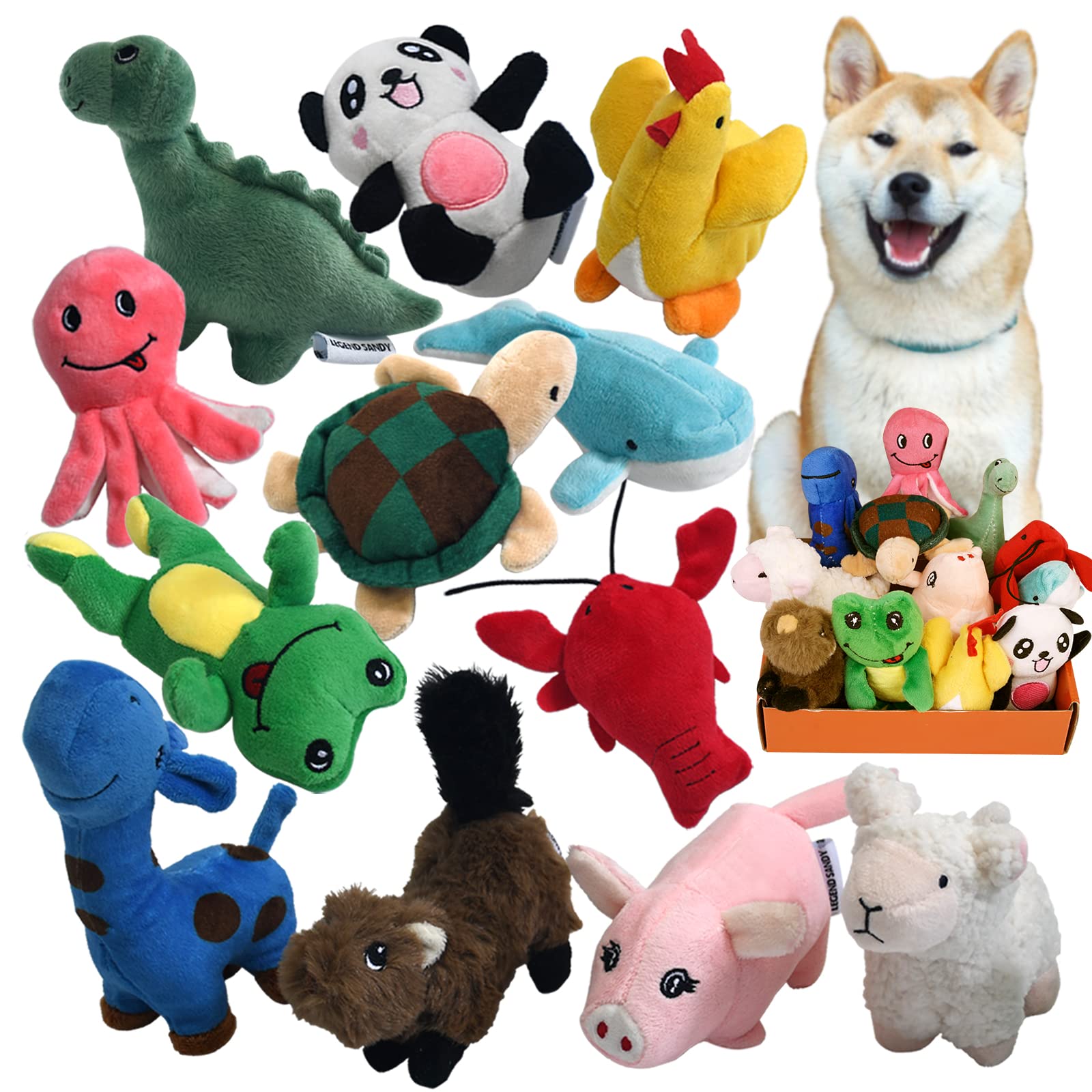 Book Cover LEGEND SANDY Squeaky Plush Dog Toy Pack for Puppy, Small Stuffed Puppy Chew Toys 12 Dog Toys Bulk with Squeakers, Cute Soft Pet Toy for Small Medium Size Dogs