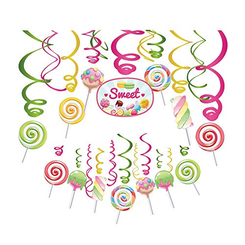 Kristin Paradise 30Ct Candy Land Hanging Swirl Decorations, Candyland Party Supplies, Lollipop Birthday Theme, Candy Shop Kids Paper Decor for First 1st Boy Girl Baby Shower, Sweet Shop Favors