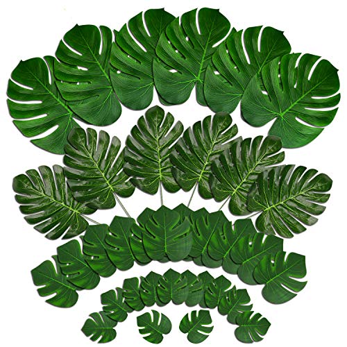 UPINLOOK 36 Pcs 4 Kinds Artificial Palm Leaves with Faux Monstera Leaves Stems Tropical Plant Simulation Safari Leaves for Hawaiian Luau Party Supplies Jungle Beach Birthday Theme Party Decorations