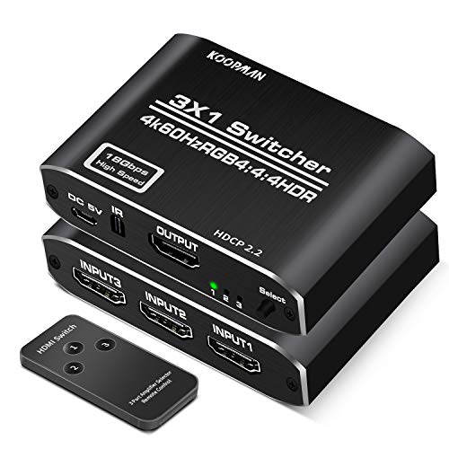 HDMI Switch 4K HDMI Splitter, Koopman Aluminum HDMI 2.0 Switch 3 in 1 Out, HDMI Switch with IR Remote Control, Supports HDCP 2.2 4K@60Hz HDR 3D HD1080P, HDMI Switcher for PS4 Xbox Apple TV Fire Stick
