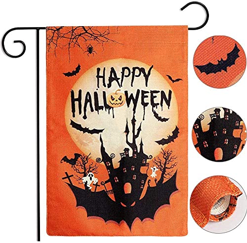 AerWo Halloween Garden Statue, 12×18 inch Double-Sided Happy Halloween Decorative Statue, Burlap Pumpkin and Castle Design for Yard and Garden Decoration