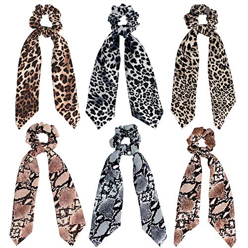 TOBATOBA 6 Pcs Leopard Print Scrunchies Big Hair Scarf, Polka Dot Snake Skin, Ribbon Chiffon Strong Elastic Hair Bands Rope Scrunchy Ponytail Holder for Women