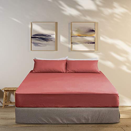 mixinni 100% Long Staple Natural Cotton Soft Solid Coral Fitted Sheet with Two Matching Pillowcases Bed Sheet Set 15" Deep Pocket Full/Queen Size-(1 Fitted Sheet + 2 Pillowcase)