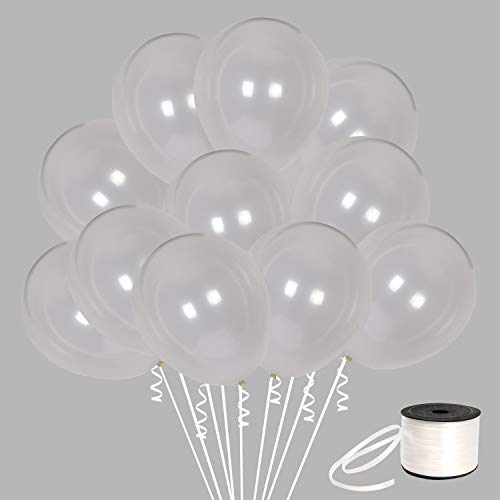 Y wang 100Pack Clear Balloons, 12Inch Latex Balloons Transparent Color Premium Helium Quality Clear Balloons for Party Supplies and Decorations(with White Ribbon)