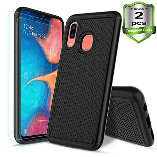 Samsung Galaxy A20/A30 Case,W/[2-Pack]Tempered Glass Screen Protector Dual Layers Heavy Duty Protective Hard PC Football Lines Design Back Soft TPU Rubber Armor Defender Shockproof Phone Case.(Black)