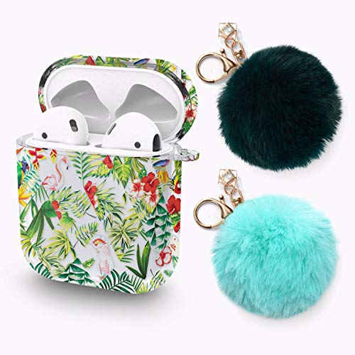 Airpods Case - BLUEWIND Upgraded AirPods Case Cover for Apple Airpods 2 &1 Charging Case, with 2 Cute Pom Pom Keychain, Protective Hard Cases, Portable Airpods Accessories for Apple (Flamingo&Parrot)