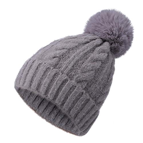QNLYCZY Women's Winter Knit Cap Pom Pom Beanie Hat Fashion Rabbit Hair Scarf Warm Wool Hat Cap Bean Cap Ski Cap - Grey - M