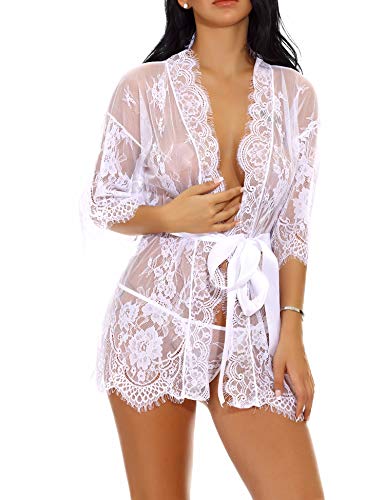 Christmas Lingerie Robe for Women Lace Pajama Kimono for Wedding Party Nightwear(White,M)