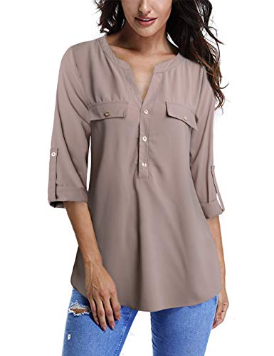 FANSIC Women V Neck High Low Hem Chiffon Blouses Top 3/4 Roll Sleeve Casual Tunics Blouse
